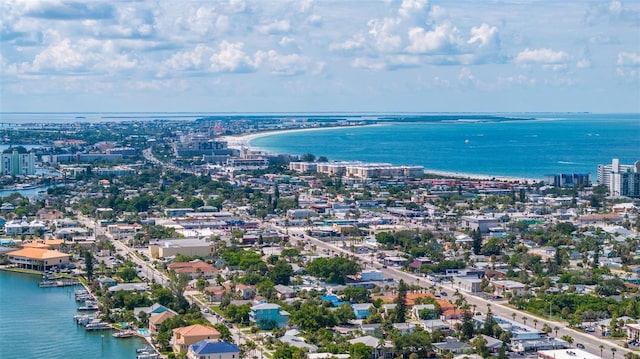 drone / aerial view featuring a water view