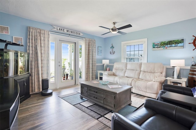 living room featuring a ceiling fan, a wealth of natural light, and wood finished floors