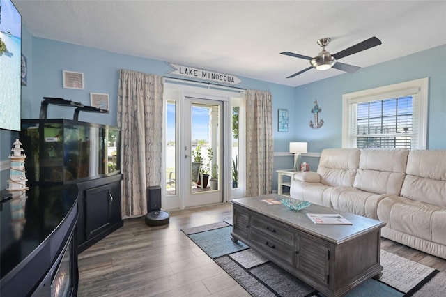 living area featuring a ceiling fan and wood finished floors