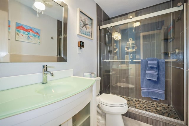 bathroom featuring a stall shower, vanity, and toilet