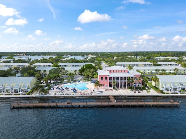 birds eye view of property featuring a water view