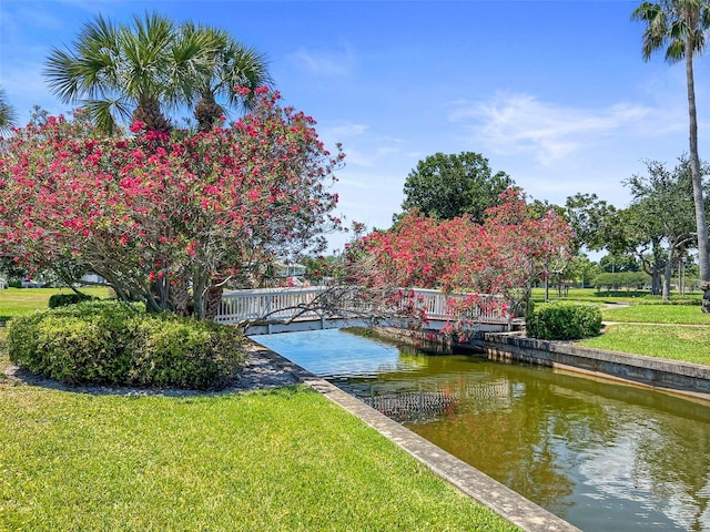 dock area featuring a water view and a yard