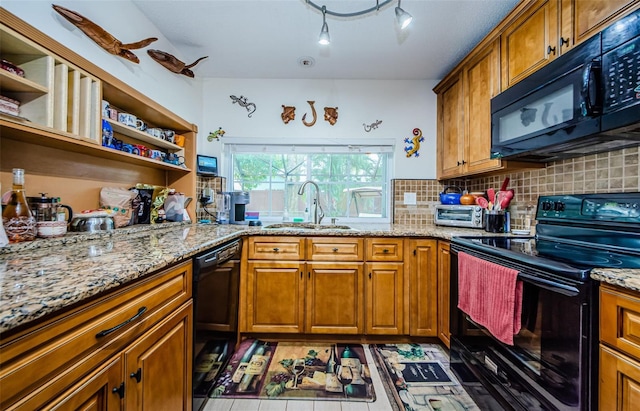 2208 Citrus Valley Cir, Palm Harbor, FL 34683 - kitchen featuring a sink, brown cabinetry, black appliances, and open shelves