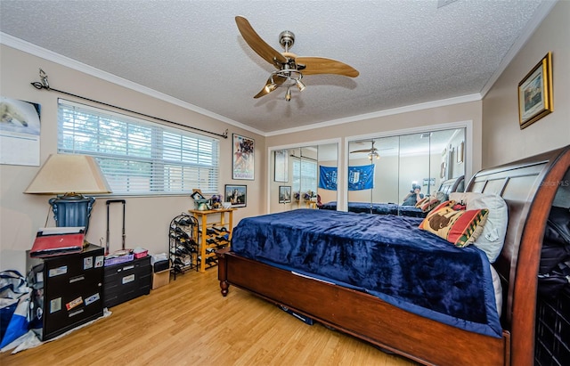 2208 Citrus Valley Cir, Palm Harbor, FL 34683 - bedroom featuring two closets, ornamental molding, a textured ceiling, and wood finished floors