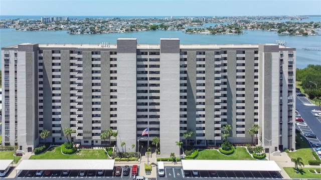 view of building exterior featuring a water view