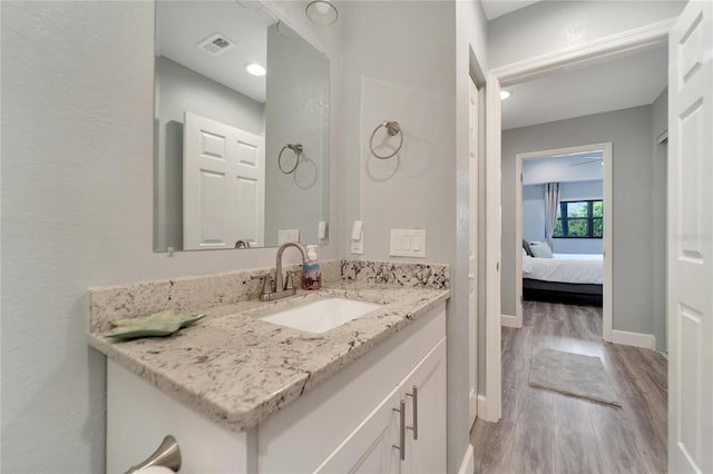 bathroom with vanity and hardwood / wood-style floors