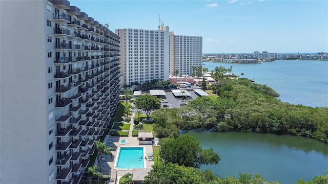 aerial view featuring a water view