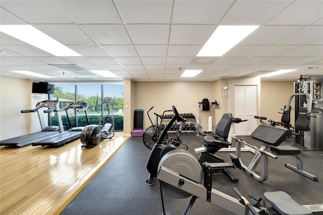 workout area with wood-type flooring and a drop ceiling