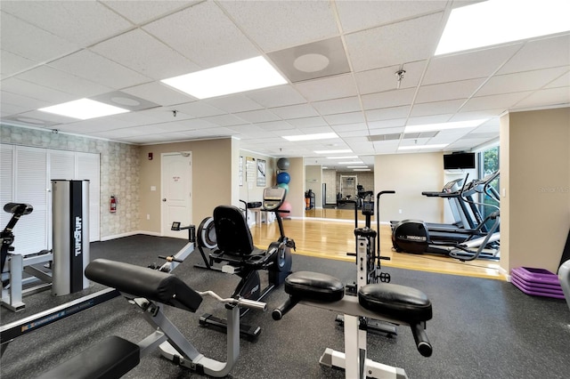 exercise room featuring hardwood / wood-style floors and a drop ceiling