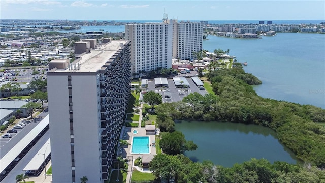 birds eye view of property featuring a water view