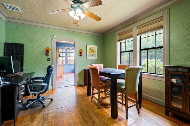 office area featuring crown molding, a healthy amount of sunlight, light wood-type flooring, and a textured ceiling