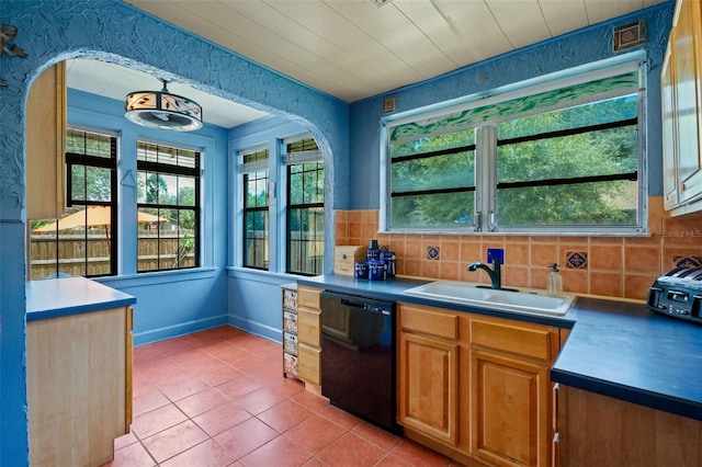 kitchen with plenty of natural light, dishwasher, decorative backsplash, and sink