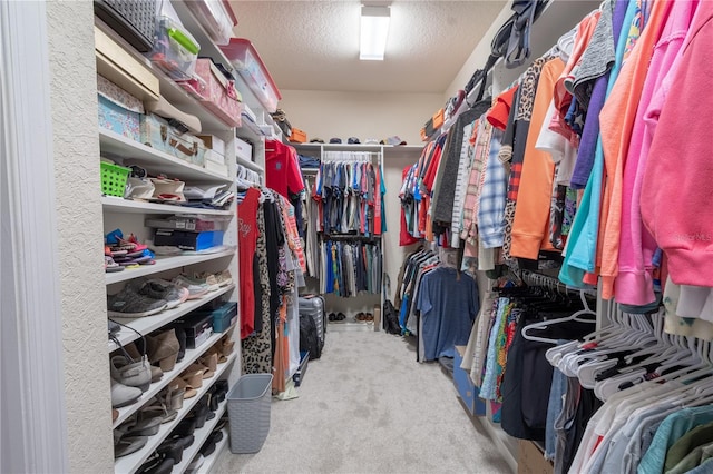 walk in closet with light colored carpet