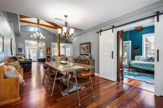 dining space with a barn door, a chandelier, dark wood-type flooring, high vaulted ceiling, and beam ceiling