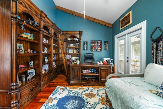 office area featuring french doors, dark hardwood / wood-style floors, and vaulted ceiling with beams