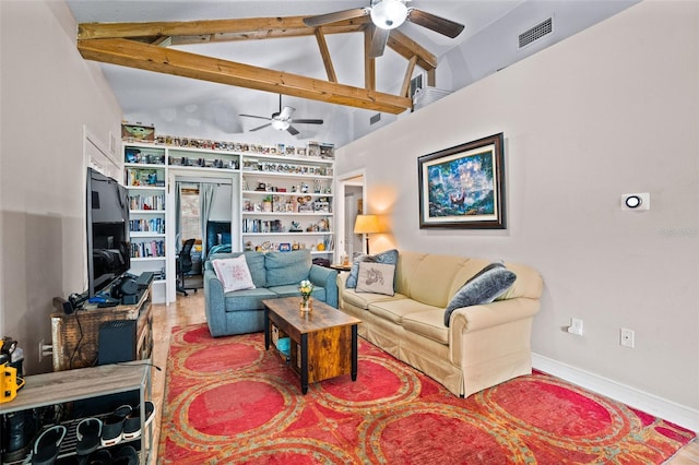 living room with built in features, ceiling fan, wood-type flooring, and lofted ceiling with beams