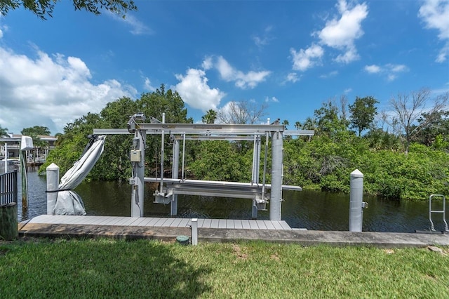 view of property's community with a dock, a water view, and boat lift