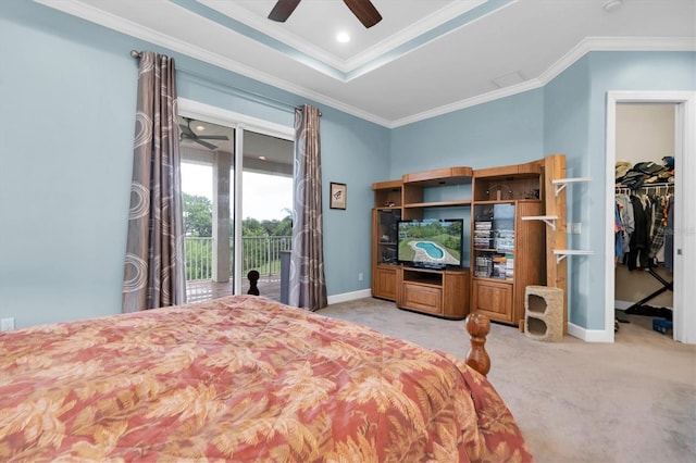 bedroom featuring a tray ceiling, light colored carpet, ornamental molding, access to outside, and baseboards