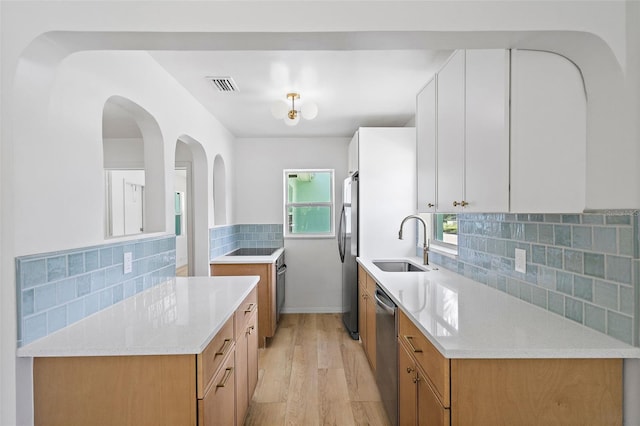 kitchen with light hardwood / wood-style flooring, appliances with stainless steel finishes, backsplash, and white cabinets