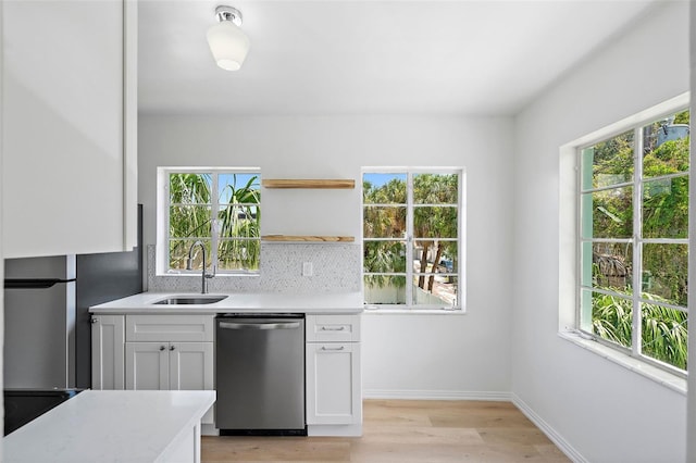 kitchen with dishwasher, a healthy amount of sunlight, sink, and white cabinets