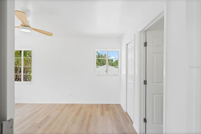 empty room featuring ceiling fan and light wood-type flooring