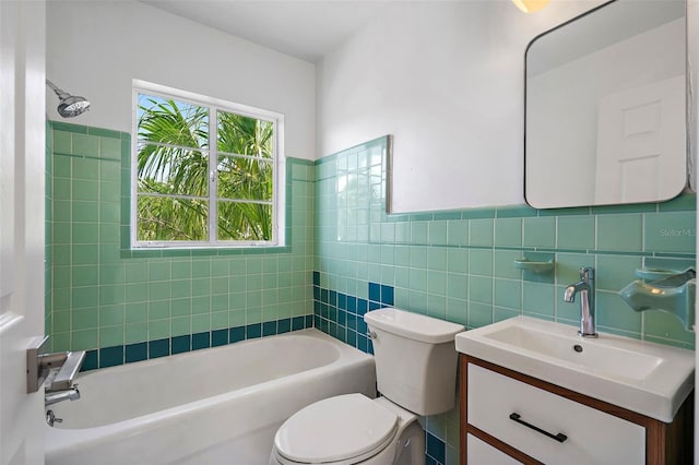 full bathroom featuring vanity, backsplash, tile walls, toilet, and tiled shower / bath