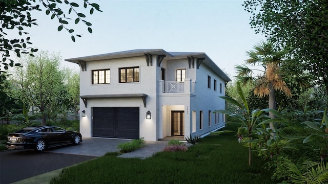 1045 Conant Ave, Safety Harbor, FL 34695 - view of front of home with a garage, aphalt driveway, a balcony, and stucco siding