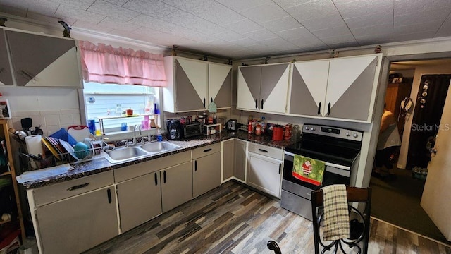 kitchen with dark countertops, a sink, electric range, and wood finished floors