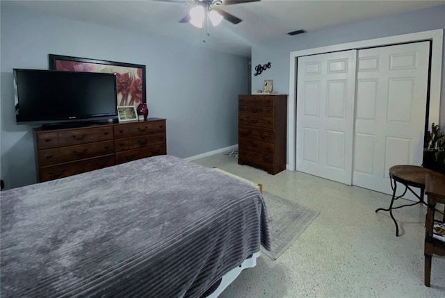 bedroom with ceiling fan and a closet