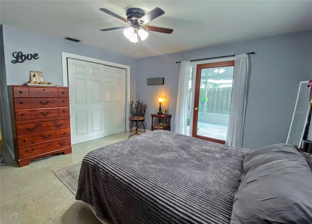 bedroom with a closet, ceiling fan, and access to exterior