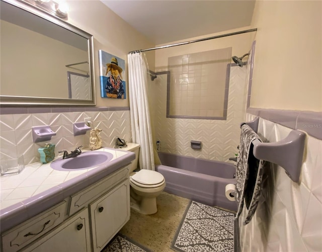 full bathroom with vanity, backsplash, tile walls, toilet, and shower / bath combo with shower curtain