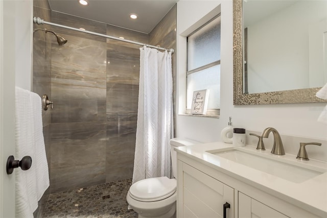 bathroom featuring vanity, toilet, and a shower with shower curtain