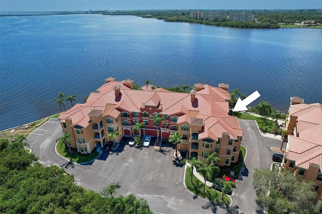 aerial view featuring a water view