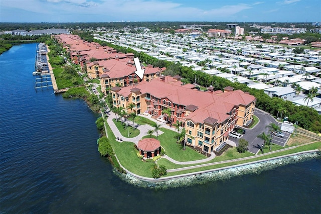 bird's eye view with a water view