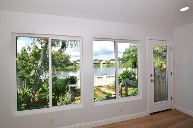 doorway to outside featuring plenty of natural light, hardwood / wood-style flooring, and a water view