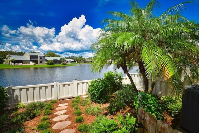 property view of water featuring a fenced backyard