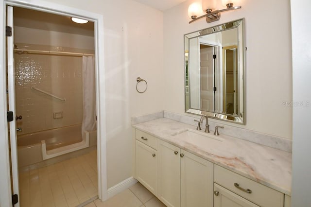 bathroom with tile patterned floors, shower / tub combo with curtain, and vanity