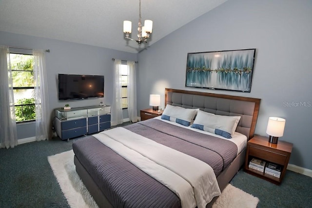 bedroom featuring lofted ceiling, a chandelier, and dark colored carpet