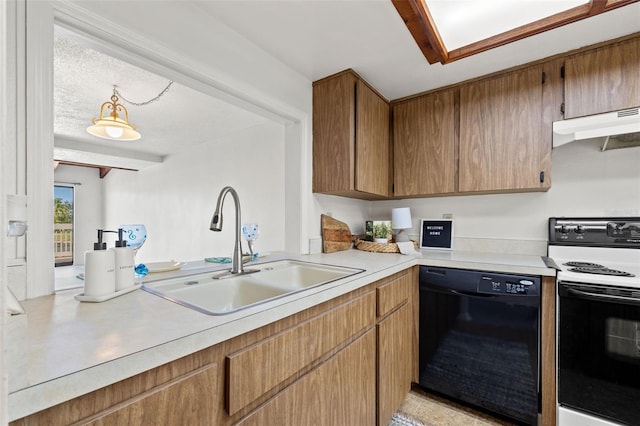 kitchen with under cabinet range hood, white electric range, a sink, black dishwasher, and light countertops