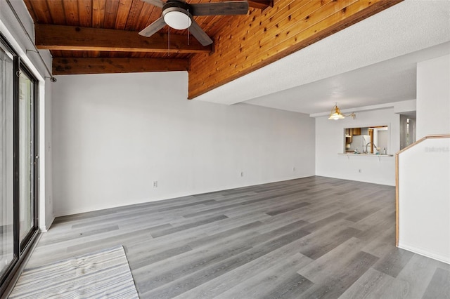 unfurnished living room featuring ceiling fan, light hardwood / wood-style floors, lofted ceiling with beams, and wooden ceiling