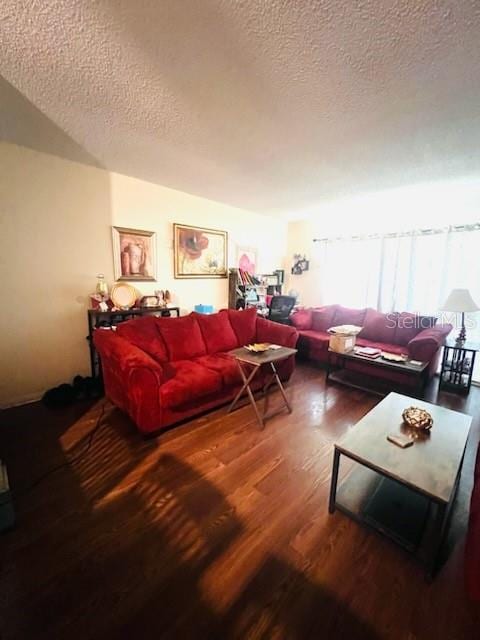 living room featuring dark hardwood / wood-style flooring and a textured ceiling