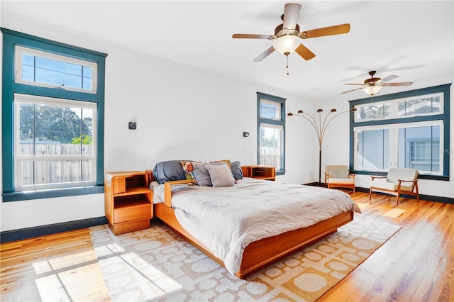 bedroom featuring ceiling fan and light wood-type flooring