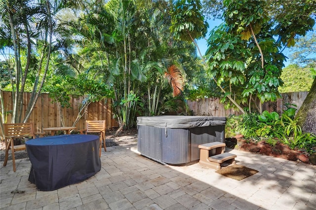 view of patio / terrace featuring a hot tub