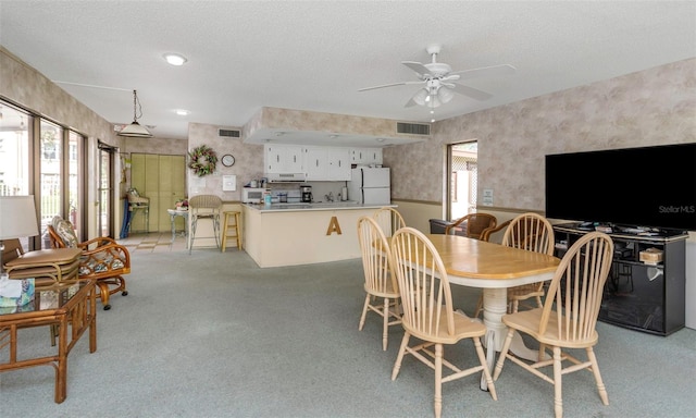 dining room featuring a textured ceiling and ceiling fan