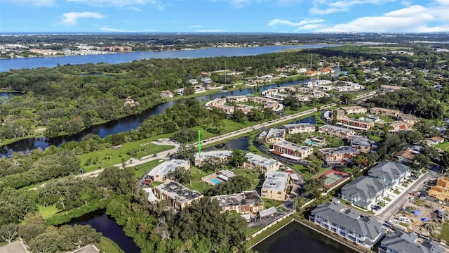 aerial view featuring a water view