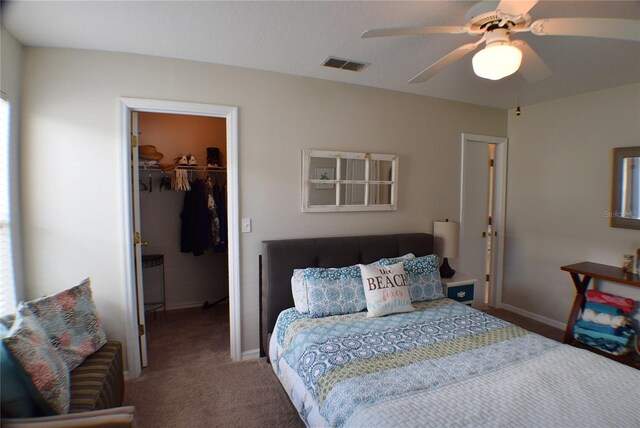 bedroom featuring carpet, ceiling fan, a spacious closet, and a closet