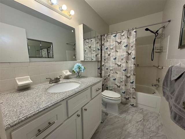 full bathroom featuring toilet, tile walls, shower / bath combo with shower curtain, tasteful backsplash, and vanity