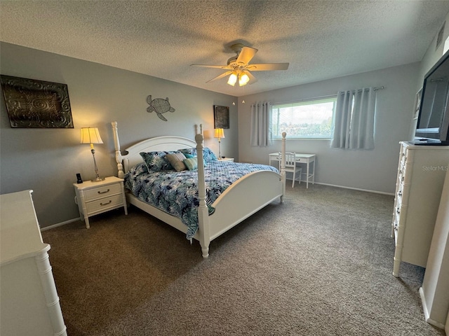 bedroom featuring ceiling fan, carpet, and a textured ceiling