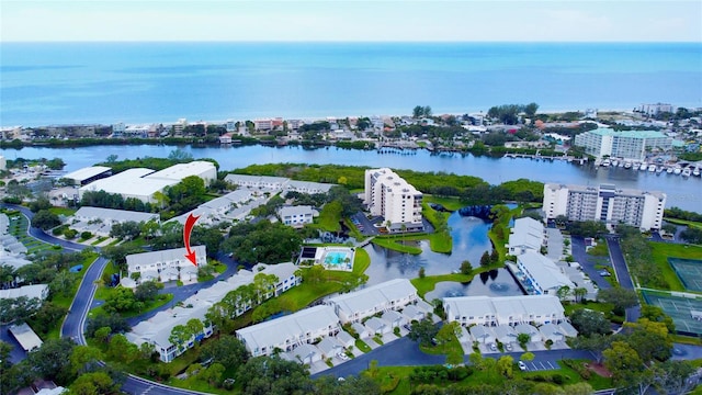 bird's eye view with a water view