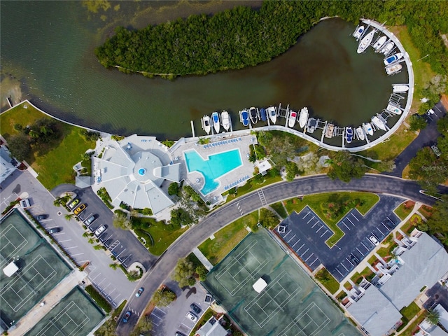 bird's eye view with a water view